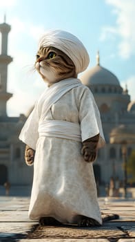 A regal cat dressed in traditional attire stands confidently outdoors.