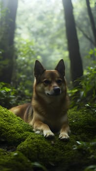 A serene dog resting on moss in a misty forest.