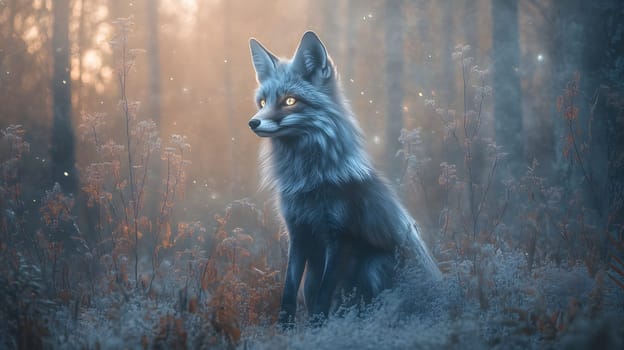 A serene fox sits in a misty forest, illuminated by soft light.