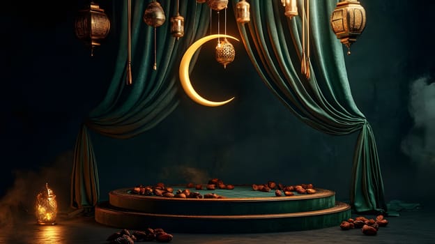 A serene stage with crescent moon and lanterns for a cultural event.