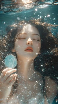 A serene underwater portrait of a woman holding a circular object.