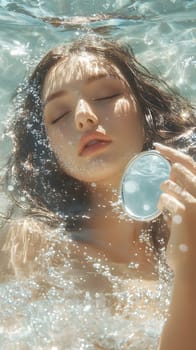 A serene underwater portrait of a woman holding a mirror.