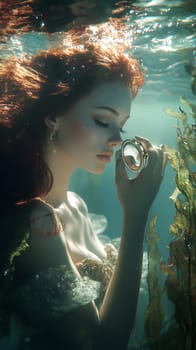 A serene underwater scene featuring a mermaid holding a mirror.