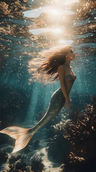 A serene underwater scene featuring a mermaid swimming gracefully.