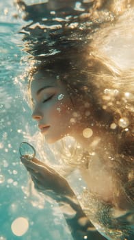 A serene underwater scene featuring a woman holding a mirror.