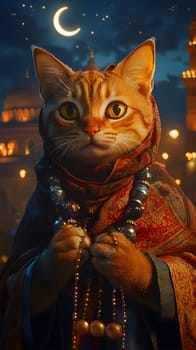 A wise-looking cat adorned in robes and jewelry under a moonlit sky.