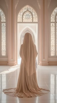 A woman in a flowing garment stands in a serene architectural space.