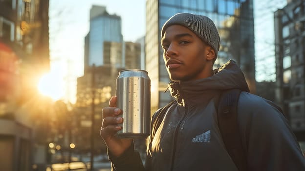 A young man holding a drink can in an urban setting at sunset.