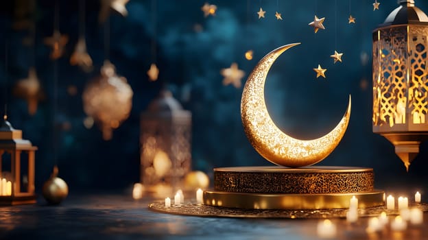 Decorative crescent moon and lanterns for festive ambiance.