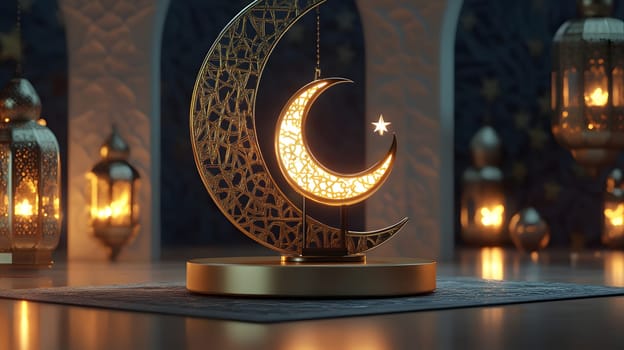 Decorative crescent moon lamp with intricate patterns and warm lighting.