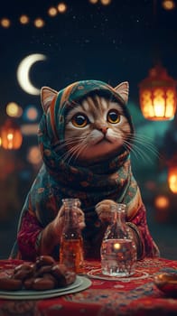 A cat in a colorful scarf sits at a table with drinks and sweets.