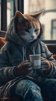 A cat in a hoodie enjoys a warm drink in a cozy setting.