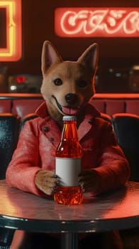 A dog character in a red jacket holding a drink in a diner setting.