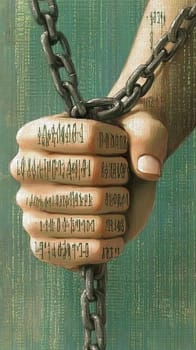 Powerful fist, adorned with intricate patterns, is breaking free from heavy chains, symbolizing the struggle for freedom and equality