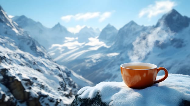 A steaming cup of tea on a snowy mountain peak.