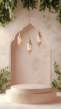 Elegant interior with hanging lanterns and soft pink backdrop.