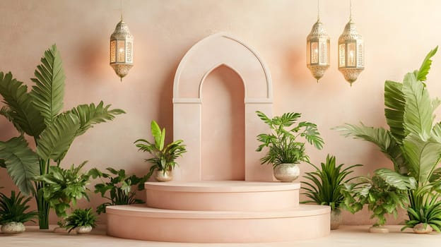 Elegant pink backdrop with plants and lanterns for events or photoshoots.