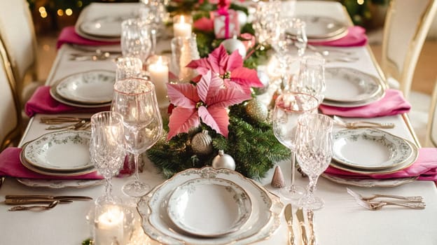 Christmas tablescape decoration, formal family dinner holiday celebration, luxury table setting decor, English country and home style idea