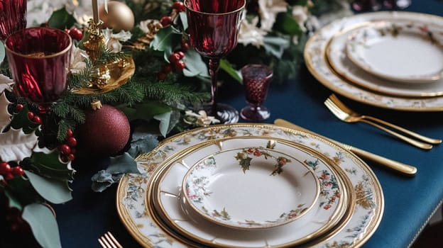 Christmas tablescape decoration, formal family dinner holiday celebration, luxury table setting decor, English country and home style idea