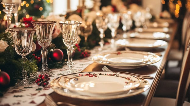 Christmas tablescape decoration, formal family dinner holiday celebration, luxury table setting decor, English country and home style idea