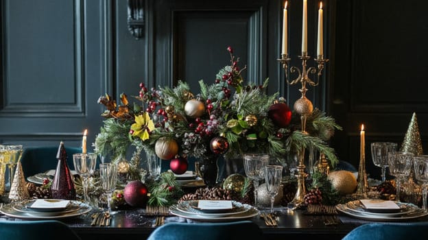 Christmas tablescape decoration, formal family dinner holiday celebration, luxury table setting decor, English country and home style idea