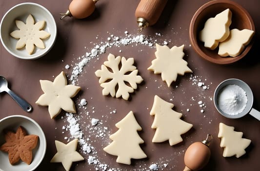 A close-up of hands pressing a tree-shaped cookie cutter into the dough, surrounded by festive baking tools. High quality photo