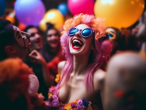 Vibrant carnival party featuring a joyful woman with pink hair, colorful outfit, and sunglasses, surrounded by balloons and festive decorations, radiating fun and celebration energy.