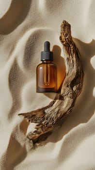 A brown glass dropper bottle on sandy surface with driftwood.