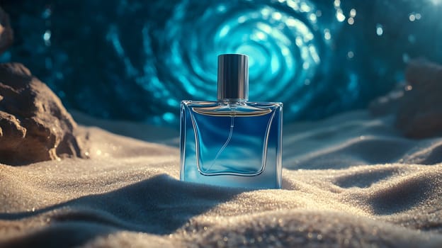 A perfume bottle resting on sand with a blue ocean backdrop.
