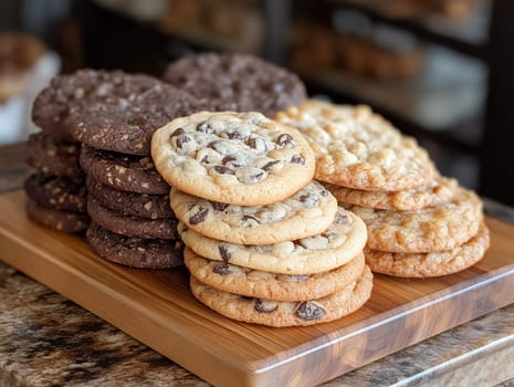 Stacks of chocolate chip and possibly oatmeal raisin cookies are displayed on a wooden board. Likely a bakery's display, showcasing their baked goods.