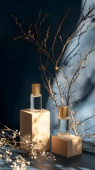 Elegant display of glass bottles with natural elements and soft lighting.