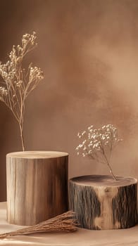 Minimalist arrangement of dried flowers in wooden vases.