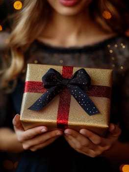 A woman holds a gold gift box, adorned with a black ribbon and red trim. A Christmas-themed setting suggests a gift-giving occasion.