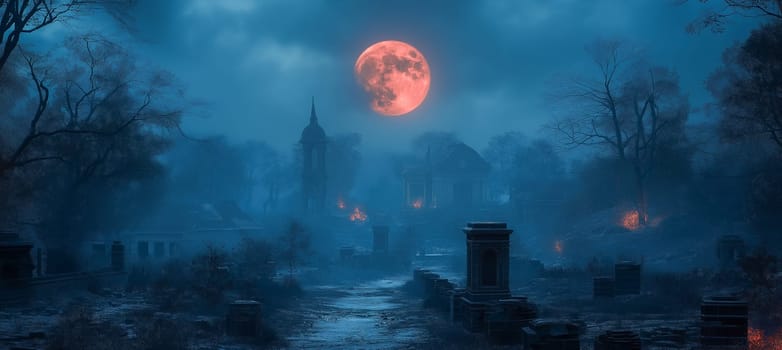 A desolate, misty graveyard under a blood-red moon. Ruined buildings and tombstones stand amidst the fog, hinting at a forgotten, perhaps apocalyptic, past.