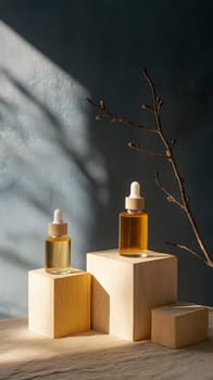 Two glass dropper bottles on wooden blocks with natural elements.