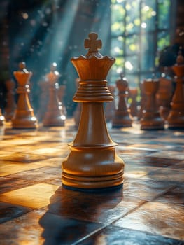 A light-brown wooden queen chess piece stands on a checkered board. Sunlight streams through a window, highlighting the piece's details. The game of chess is underway.