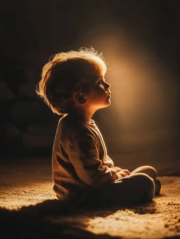 A young child, likely a toddler, sits in profile, gazing upward. Warm light highlights the child's face and hair, creating a serene, contemplative moment.