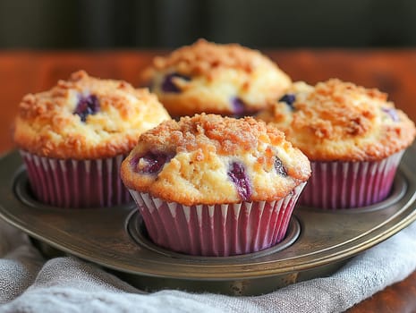 Delicious blueberry muffins, topped with crumble, are displayed on a vintage tray. A perfect treat.