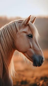 A close-up of a beautiful horse with a flowing mane in soft lighting.