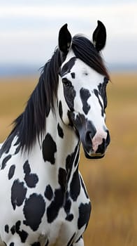 A close-up of a black and white spotted horse in a grassy field.