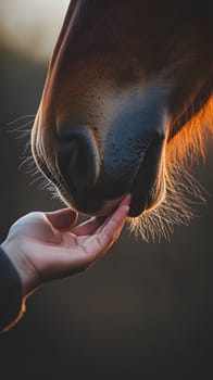 A close-up of a horse's muzzle gently interacting with a hand.