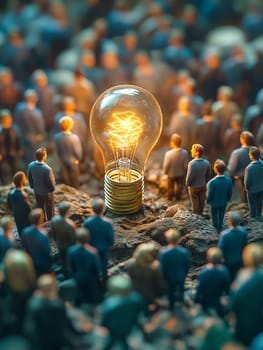 Tiny figures, a glowing lightbulb, and inspiration. A crowd of miniature people observe a brilliant idea. Innovation amidst the masses.
