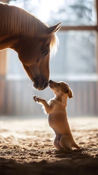 A horse and a puppy interacting in a warm, sunlit stable.