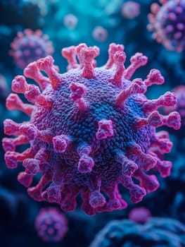 Close-up of a coronavirus. Scientists study its structure to understand its function and develop treatments. The image highlights the virus's complex, spiky exterior.