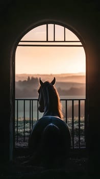 A horse gazes out from a barn at a serene sunrise landscape.