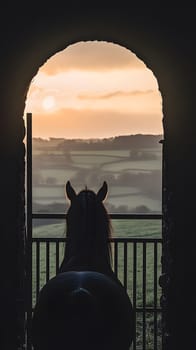 A horse stands in a doorway, gazing at a sunset over rolling hills.