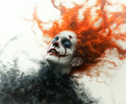 A stylized clown-like figure, possibly a Joker, with vibrant orange hair and dramatic makeup, is depicted. The swirling, textured style suggests chaos and inner turmoil. The image's abstract quality emphasizes the character's emotional state.
