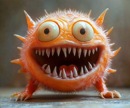 A menacing, orange microbe, with large eyes and sharp teeth, is shown. Its spiky exterior and wide-open mouth suggest aggression.
