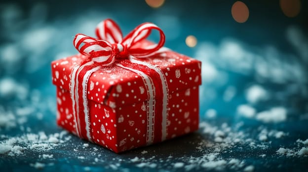 A red gift box, adorned with white polka dots and small designs, sits on a surface covered in simulated snow. A red and white ribbon is tied in a festive bow. The image evokes the spirit of Christmas.