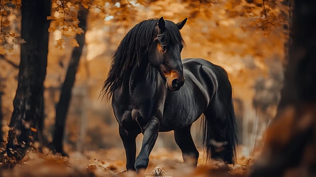 A majestic black horse stands amidst autumn foliage.